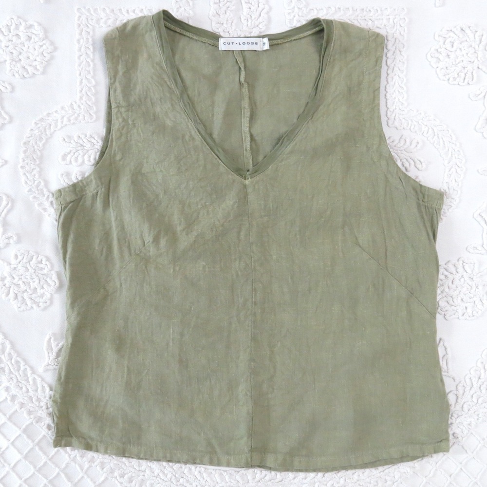Cut Loose Linen Tank Top V-Neck Sleeveless Blouse Sage Green USA Made Medium